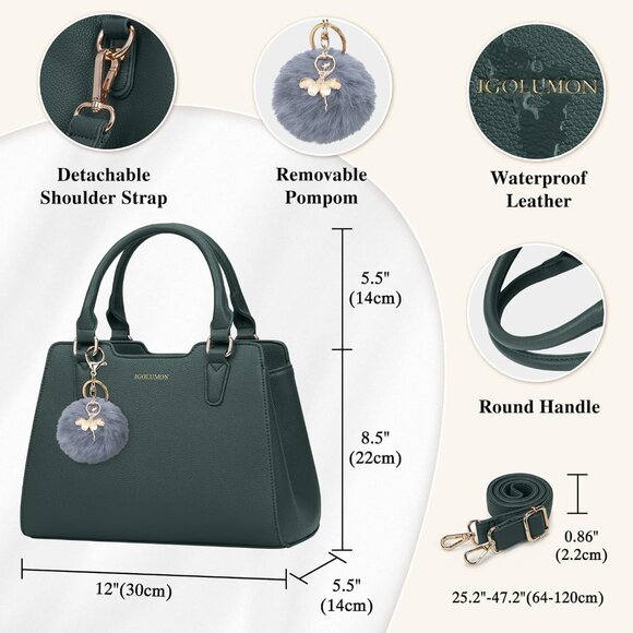 Women Dark Green PU leather Top-Handle Waterproof Anti Theft Leather Handbag - Picture 4 of 8